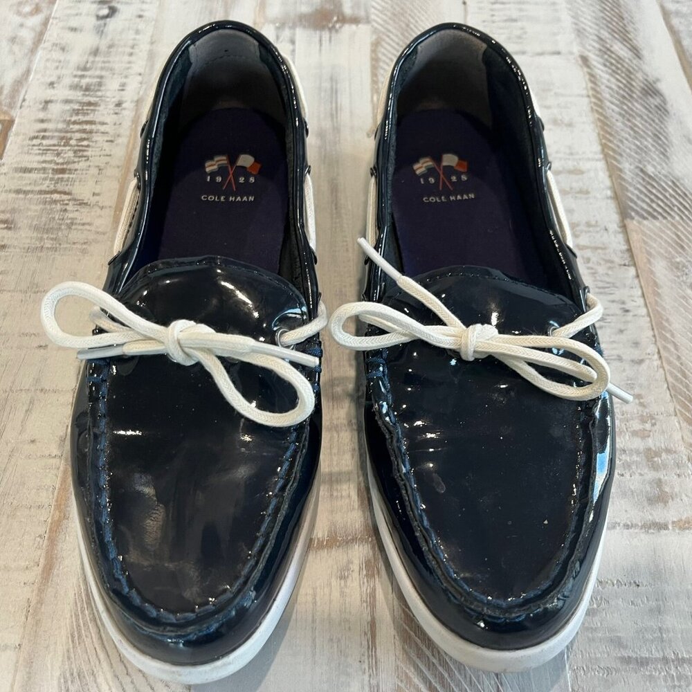Cole Haan Nantucket Camp Moc Navy Blue Patent Leather Slip On Boat Shoes 8 B